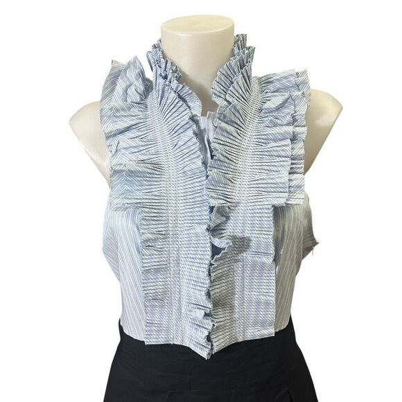 BCBG Maxazria Navy White Ruffle Pleated Sleeveless Mini Dress Tie Back sz 12 - Picture 2 of 11